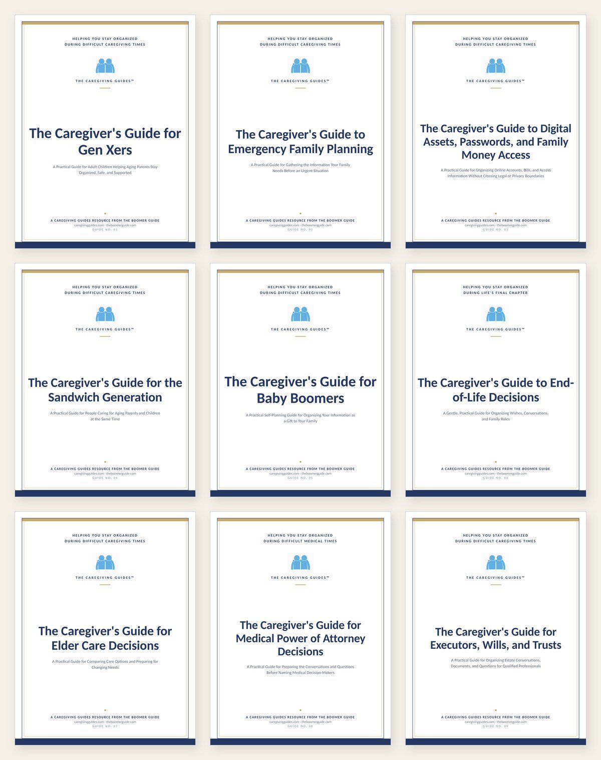 The nine specialty Caregiving Guides covers, shown together