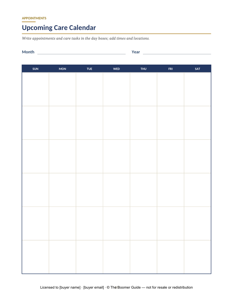 The Boomer Buddy Guide — Care calendar