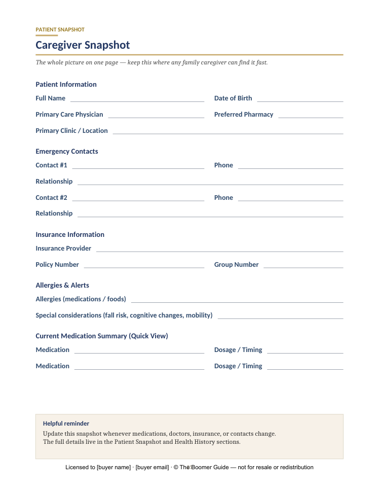 The Boomer Buddy Guide — Caregiver snapshot