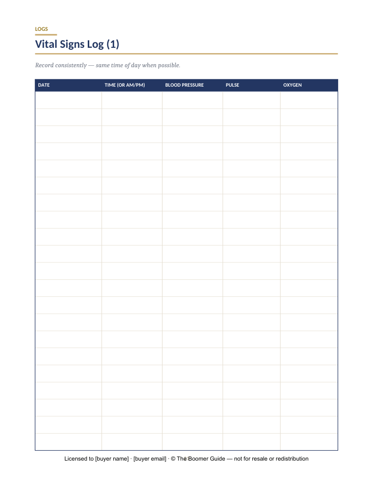 The Boomer Buddy Guide — Vital signs log
